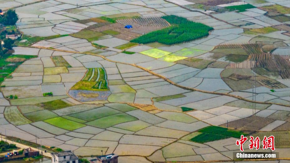 航拍广西乡村春耕美景 碧水方塘景如画