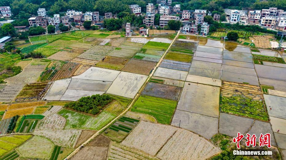 航拍广西乡村春耕美景 碧水方塘景如画